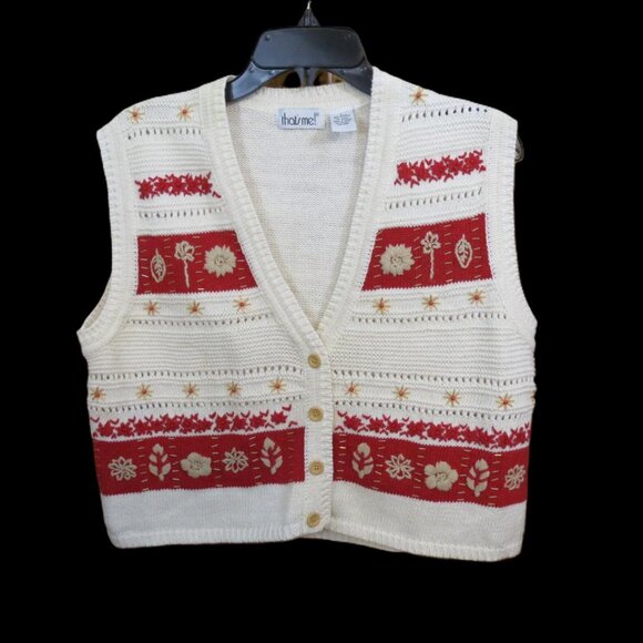 VTG That's Me Fall Sweater Vest Cream & Rust Leaves Button Size Large - Picture 1 of 8